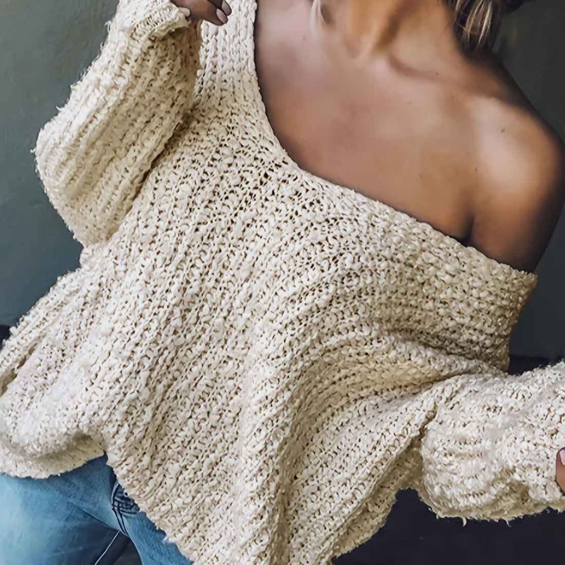 Oversized Open-Knit V-Neck Sweatshirt