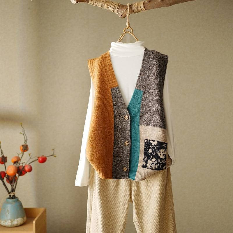 Knit Blend Loose Fit Patchwork Vest