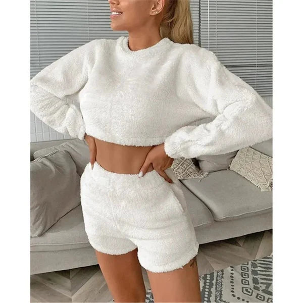 Textured Plush Cropped High-Waisted Loungewear Set
