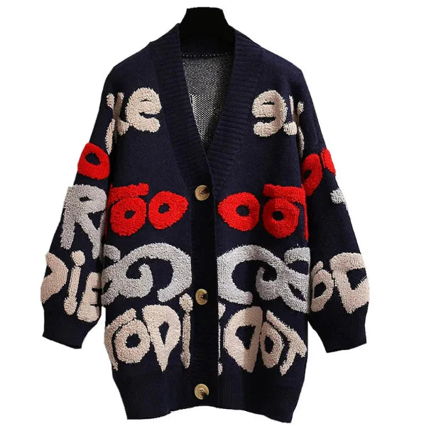 Wool Blend Letter Pattern Oversized Cardigan