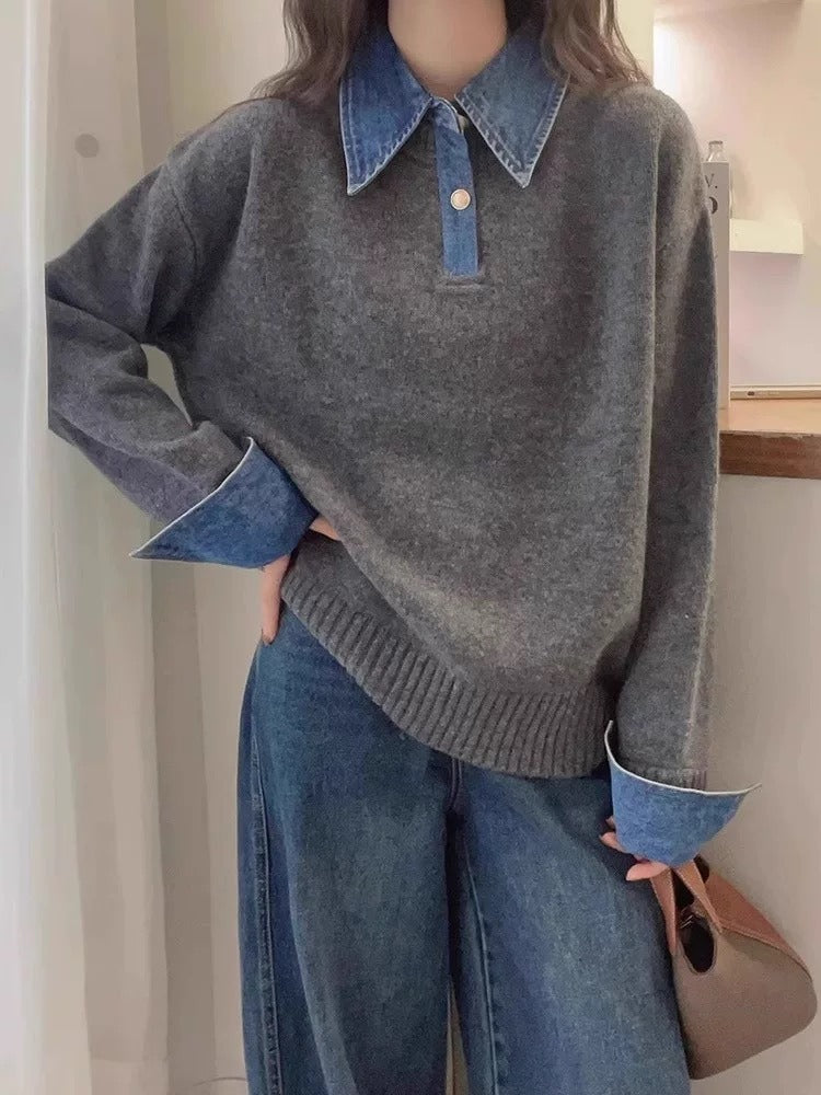 Wool Contrast Denim Polo Sweatshirt