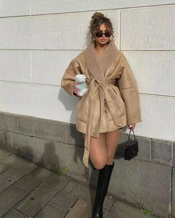 Oversized Plush Collar Self-Tie Trench Coat