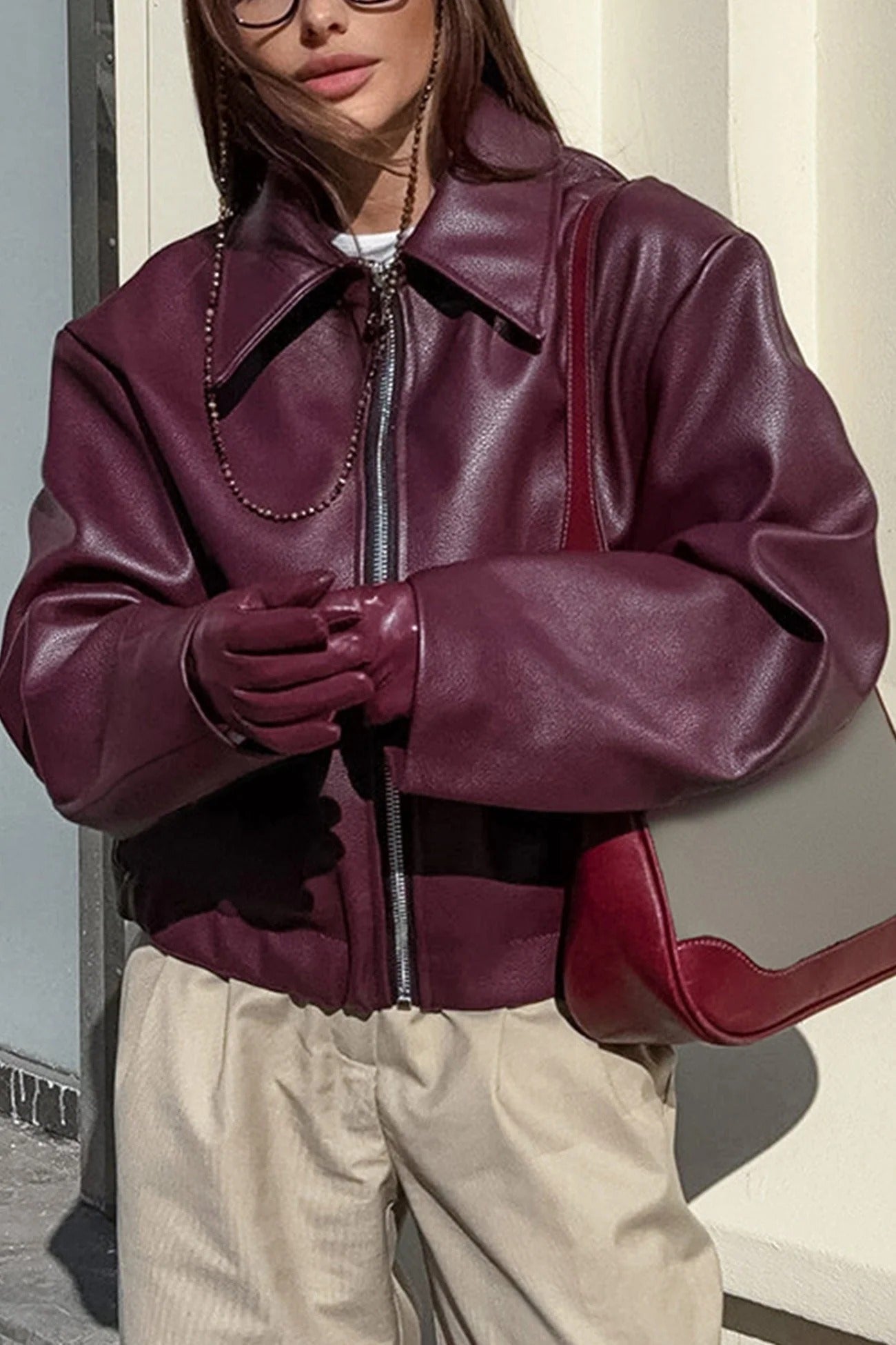 Faux Leather Structured Collar Relaxed Jacket