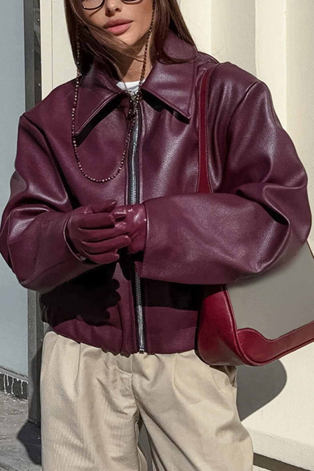 Faux Leather Structured Collar Relaxed Jacket