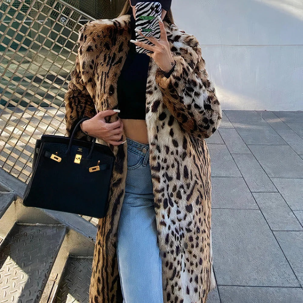 Faux Fur Leopard Print Long Coat
