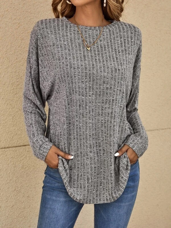 Ribbed Knit Relaxed Fit Long Sleeve Top