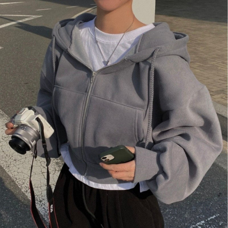 Cropped Balloon Sleeve Fleece Hooded Sweatshirt