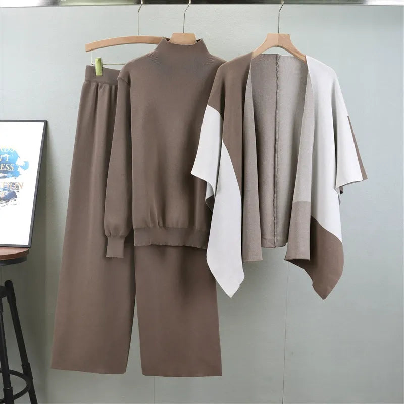 Knitted Cape Layer Wide-Leg Three-Piece Suit