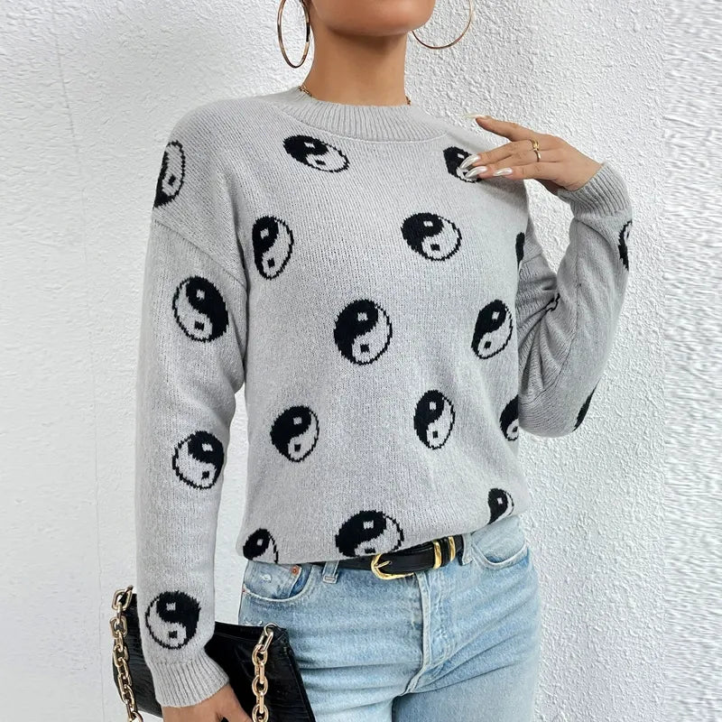 Jacquard Knit Relaxed Fit Pullover Sweatshirt