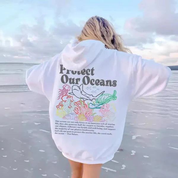 Oversized Marine Graphic Hooded Sweatshirt