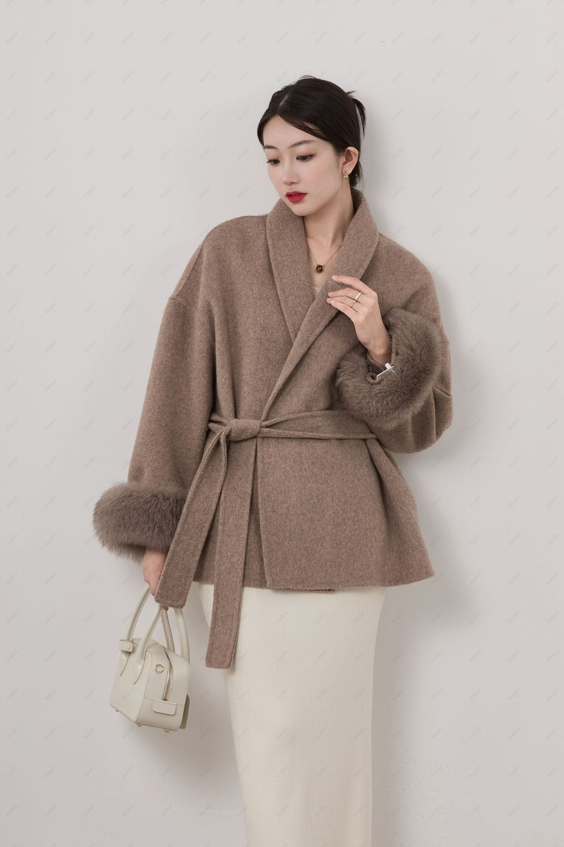 Wrap Fit Wool Blend Shawl Collar Short Coat