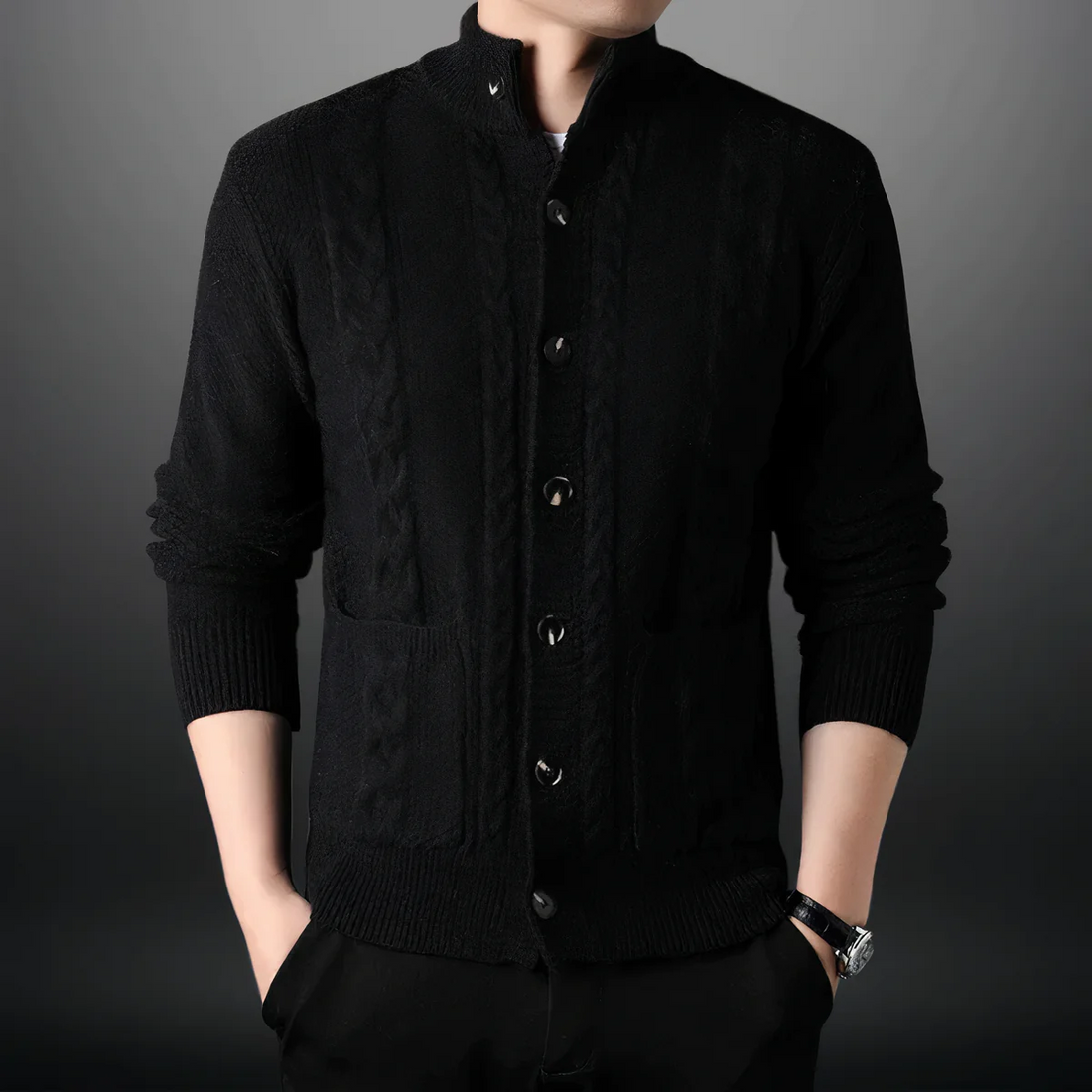 Wool Blend Relaxed Fit Band Collar Cardigan