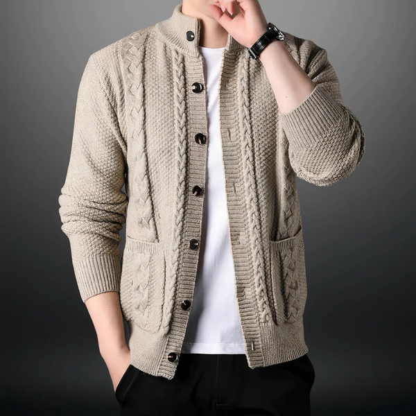 Men’s Cardigan - Wool Blend - Relaxed Fit - Hip Length - Band Collar
