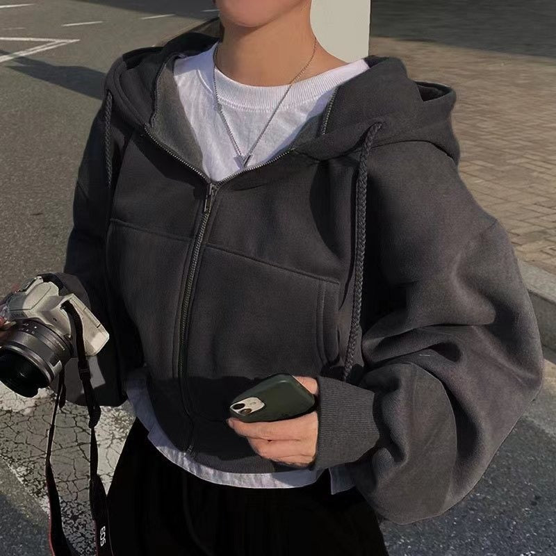 Cropped Balloon Sleeve Fleece Hooded Sweatshirt