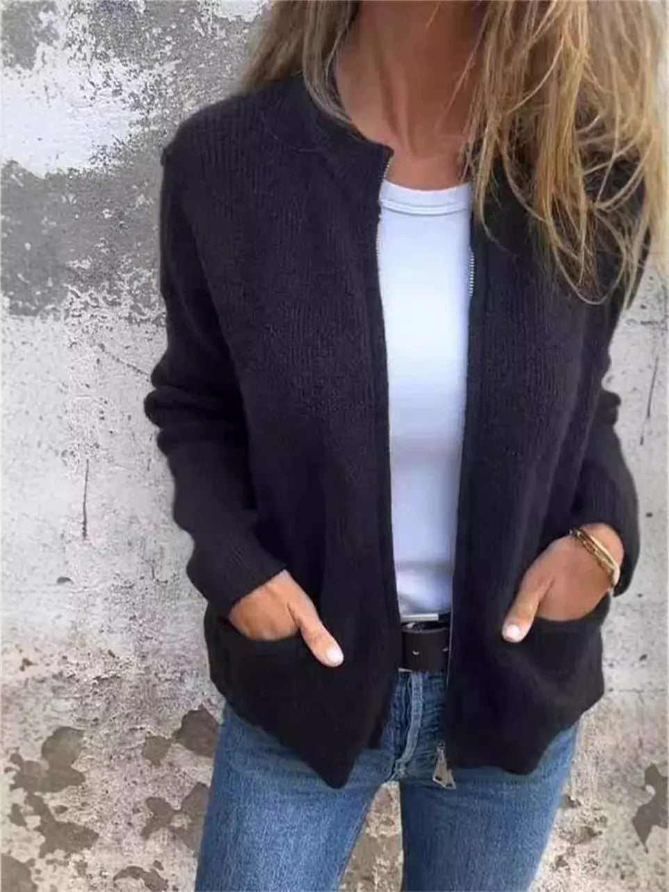 Ribbed Knit Loose Fit Stand Collar Jacket