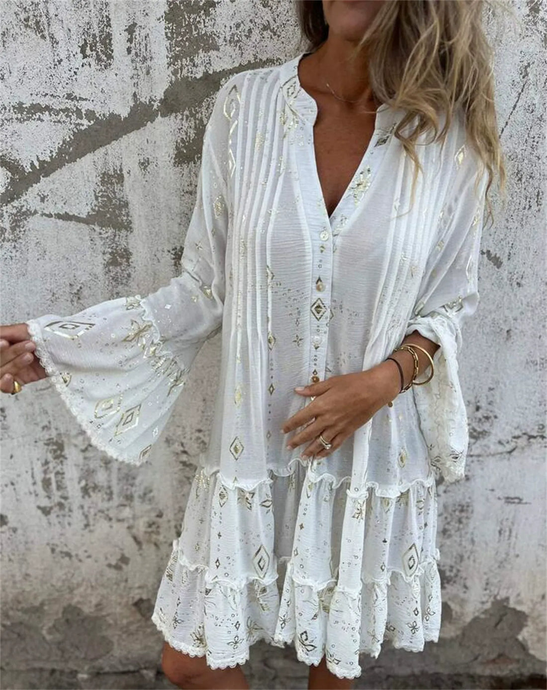 Lace Bell Sleeve Flared Cotton Blend Dress