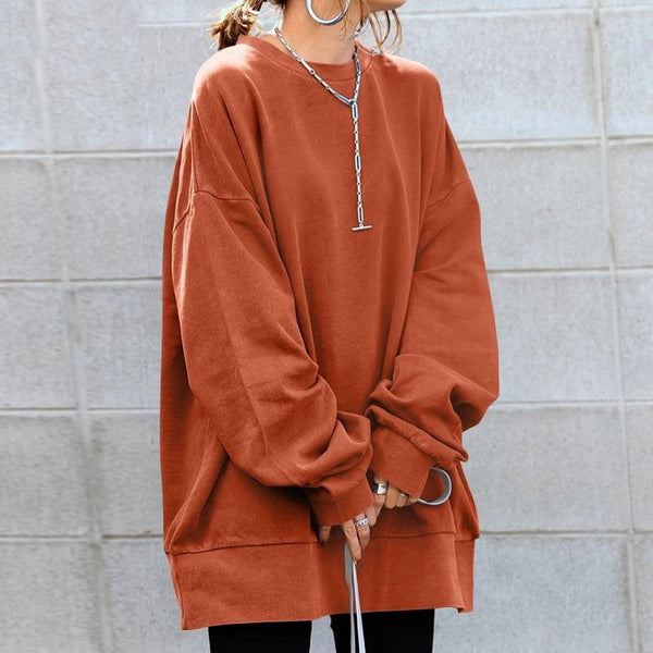Women’s Sweatshirt - Soft Knit - Oversized Fit - Ribbed Crew Neck - Tunic Length
