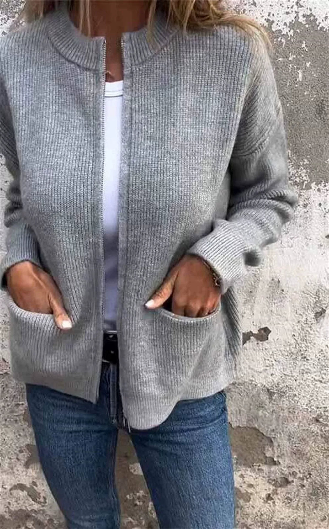 Ribbed Knit Loose Fit Stand Collar Jacket