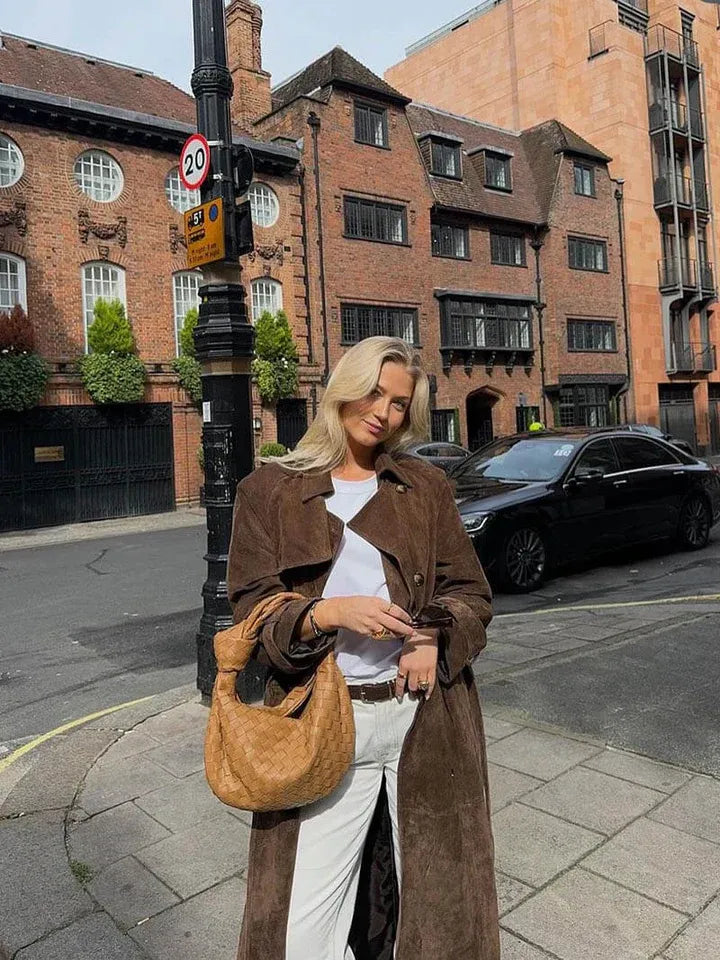 Suede Double-Breasted Tailored Trench Coat
