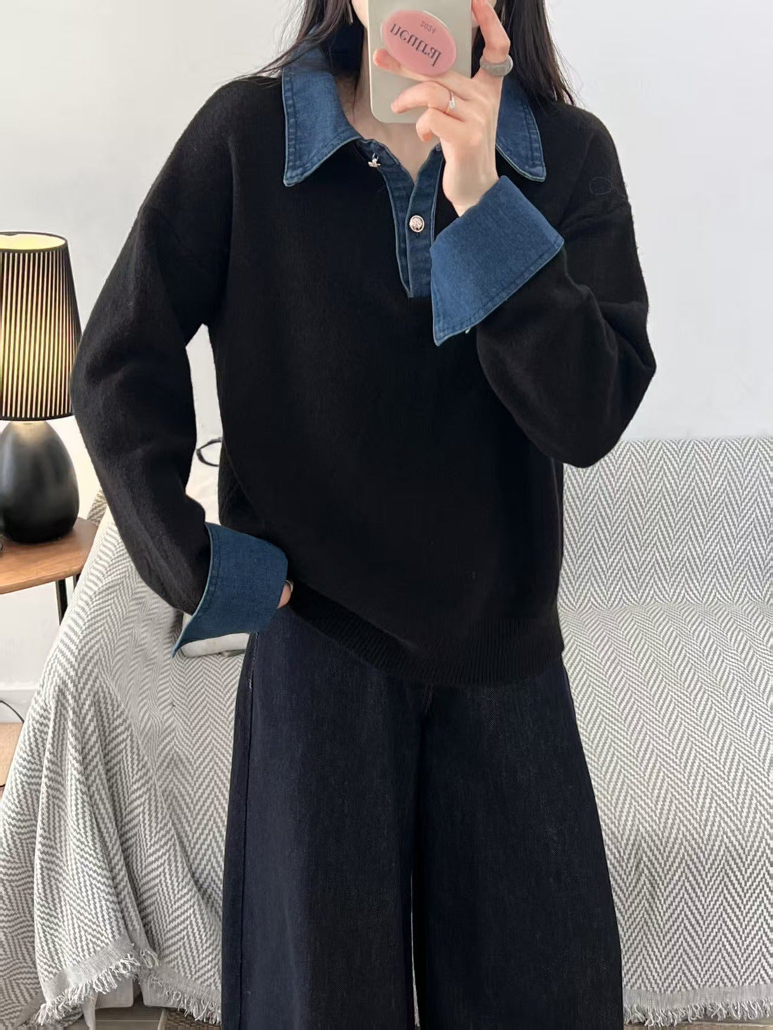 Wool Contrast Denim Polo Sweatshirt