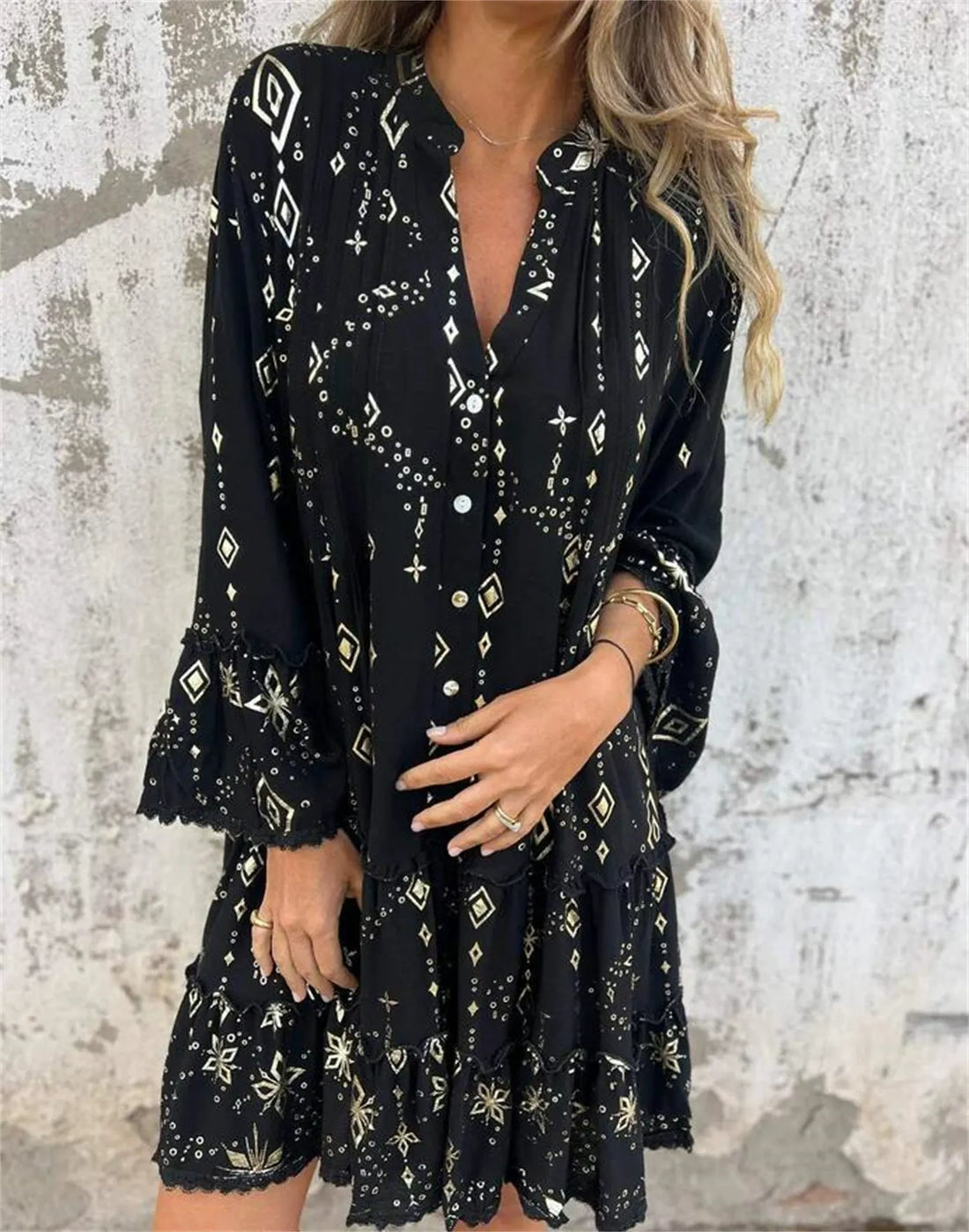 Lace Bell Sleeve Flared Cotton Blend Dress