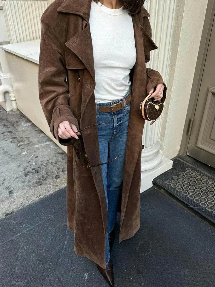 Suede Double-Breasted Tailored Trench Coat