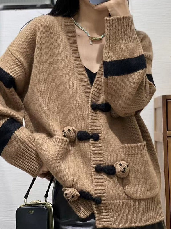 Knit Wool Oversized Bear Button Cardigan