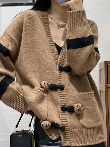 Knit Wool Oversized Bear Button Cardigan
