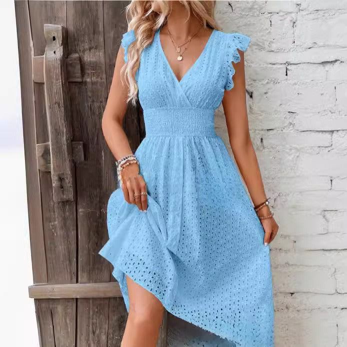 Breathable Eyelet Ruffled Sleeve Wrap Dress