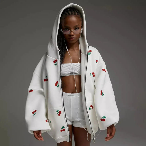 Cherry Print Oversized Hooded Jacket