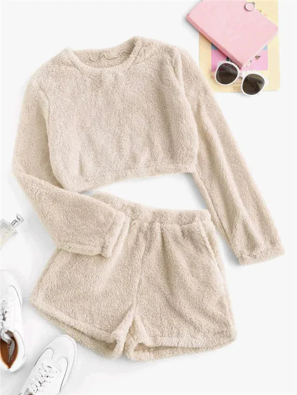 Textured Plush Cropped High-Waisted Loungewear Set