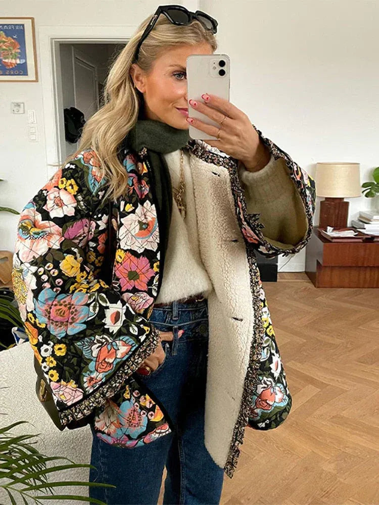Floral Print Quilted Relaxed Fit Coat