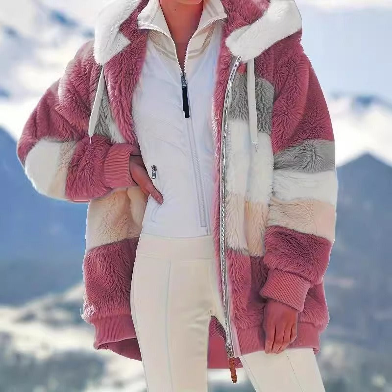 Patchwork Plush Fleece Hooded Jacket