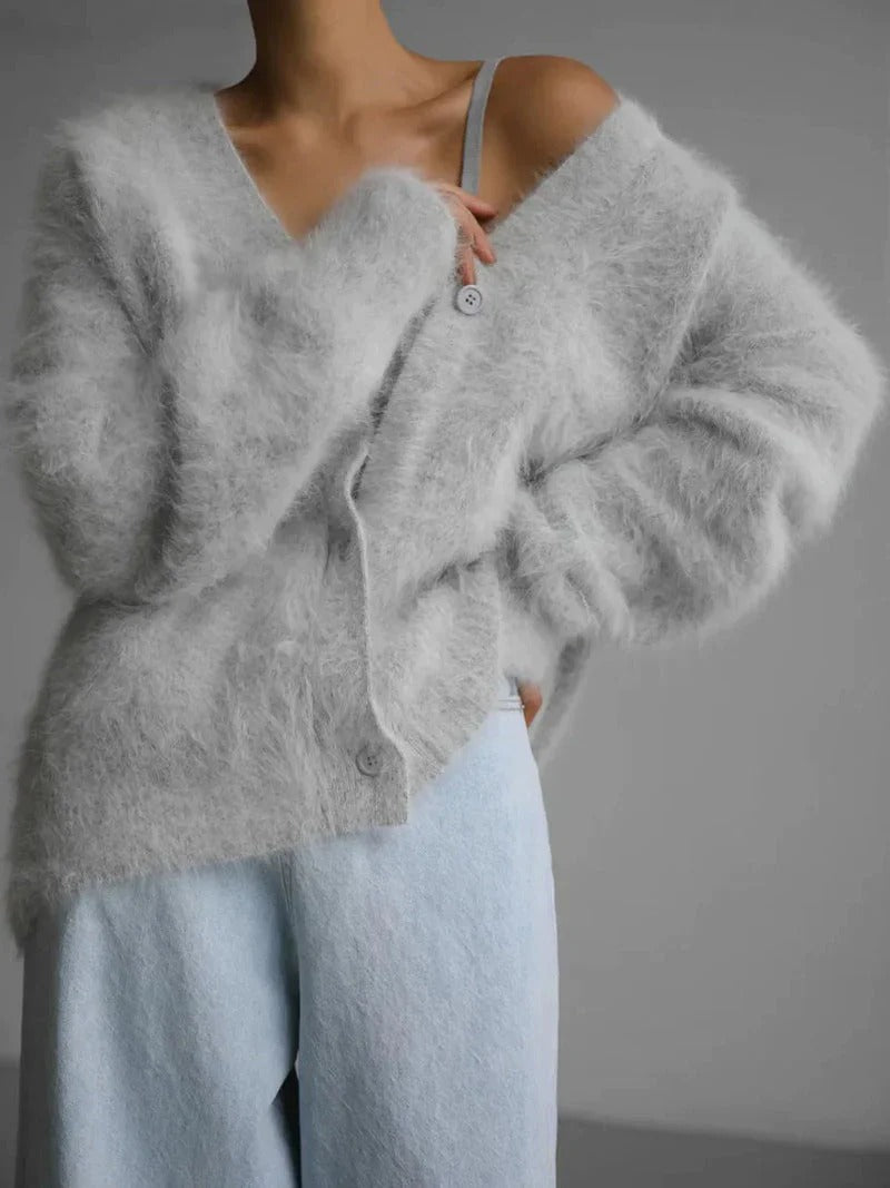 Fuzzy Knit Oversized V-Neck Cardigan