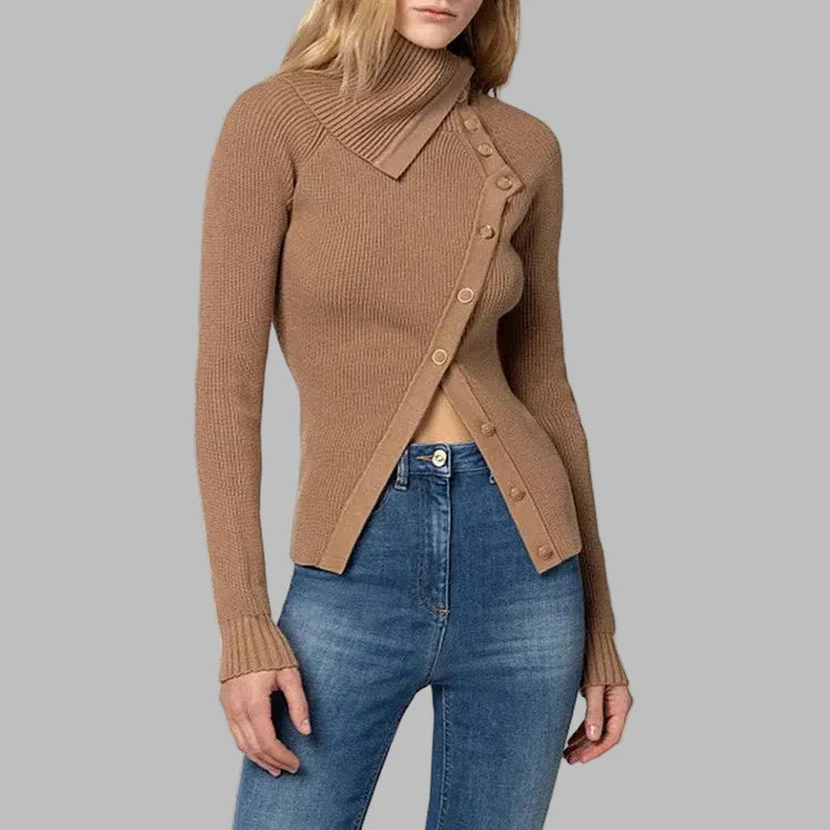 Ribbed Wool Asymmetrical Collar Knit Top