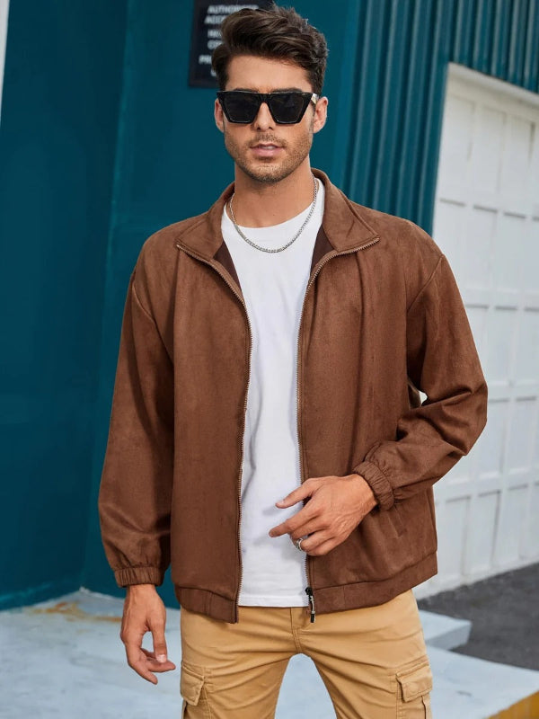Faux Suede Relaxed Fit Stand Collar Jacket