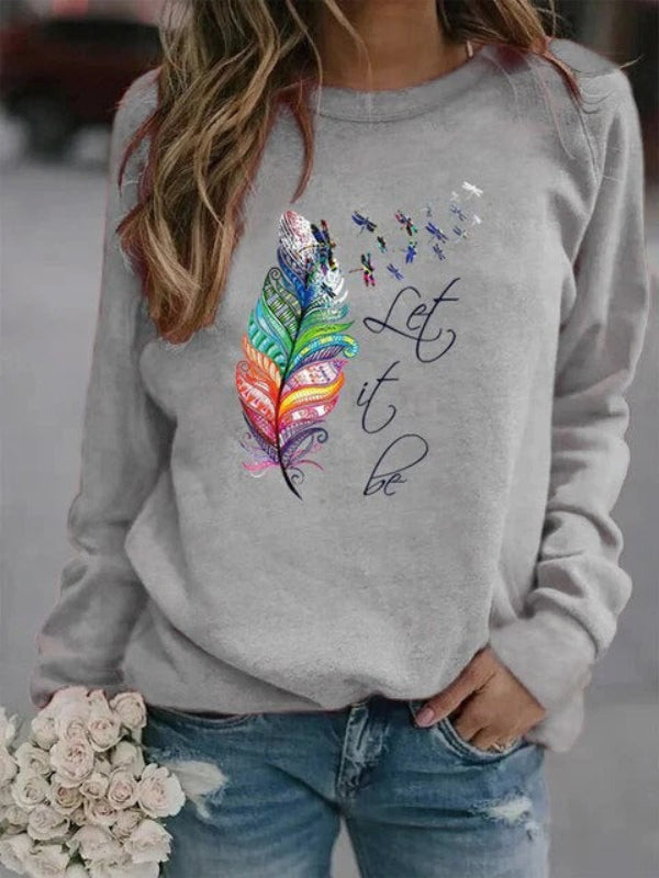 Feather Print Relaxed Long Sleeve Pullover