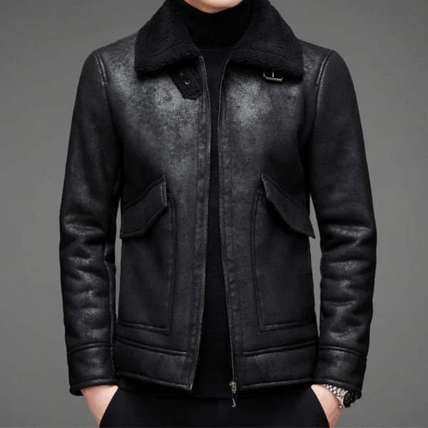 Shearling Collar Regular Fit Leather Jacket