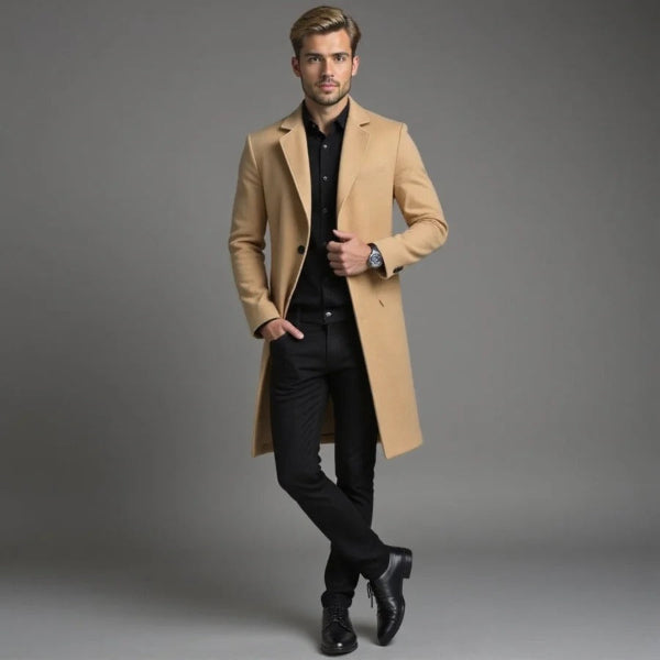 Single-Breasted Tailored Wool Blend Long Coat