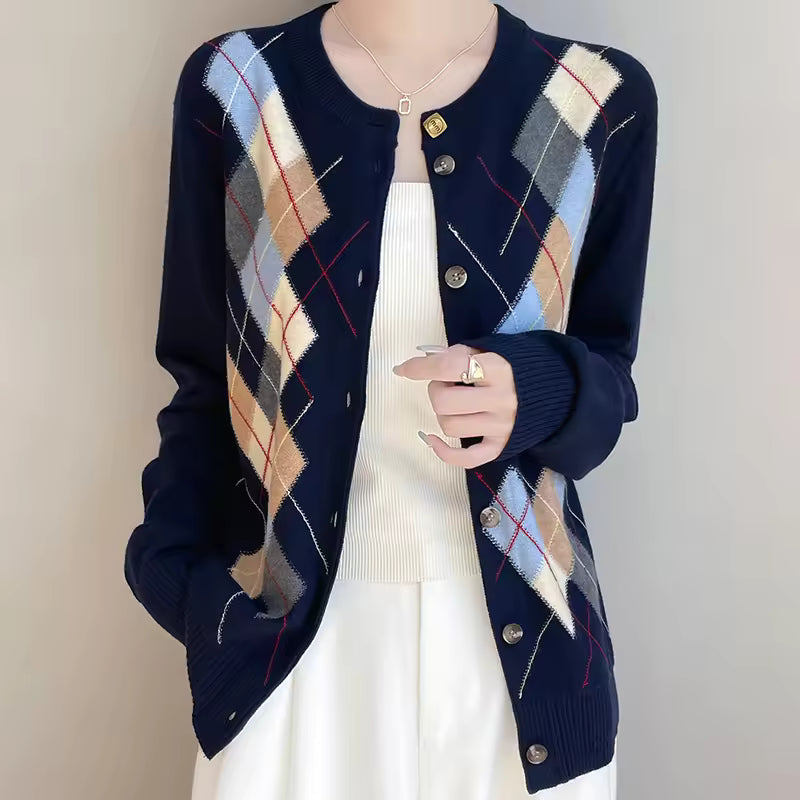 Knit Argyle Button Front Cardigan Sweater