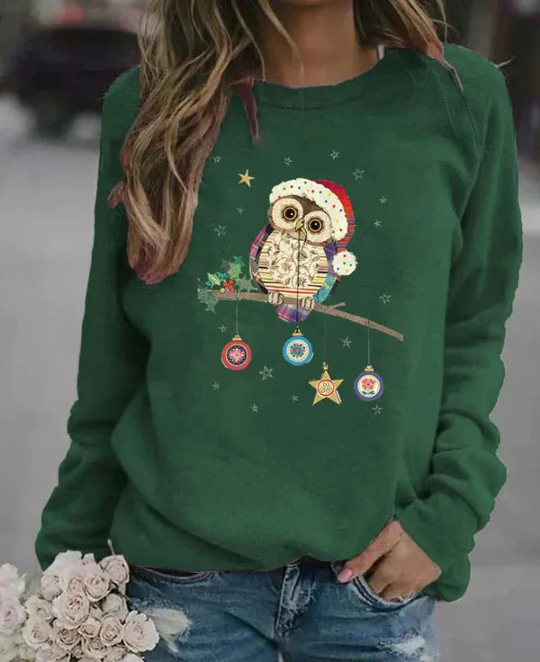 Festive Owl Print Relaxed Fit Sweatshirt