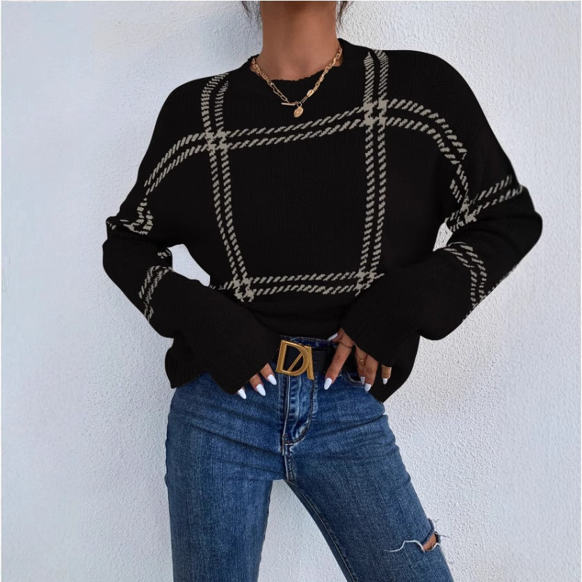 Knit Plaid Crew Neck Sweatshirt