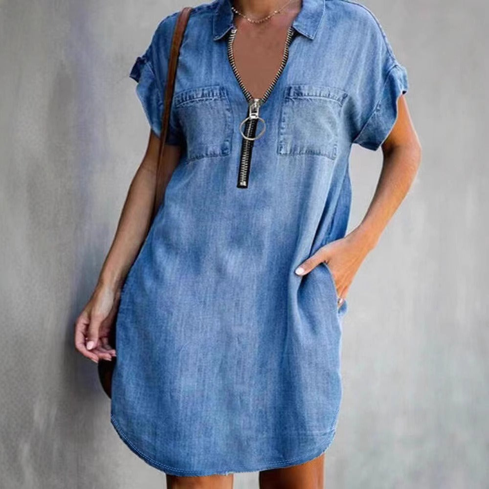 Relaxed Fit Zipper Front Denim Dress