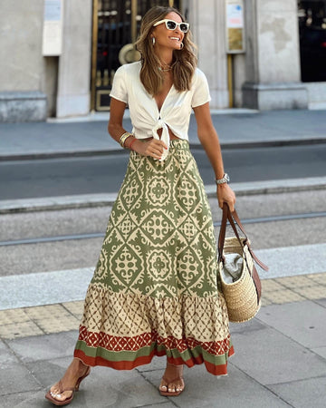 Lightweight Geometric Print Tiered Maxi Skirt
