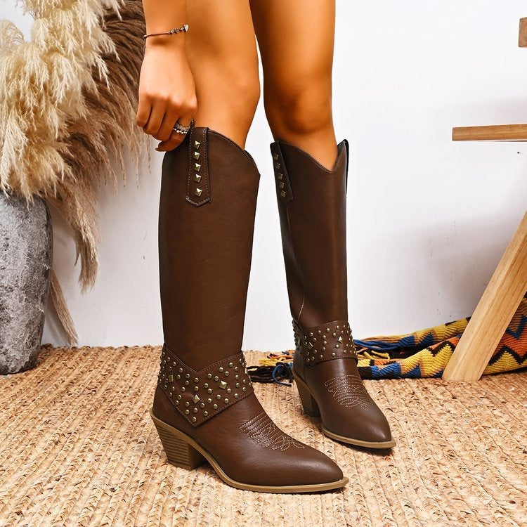 Faux Leather Studded Knee-High Boots