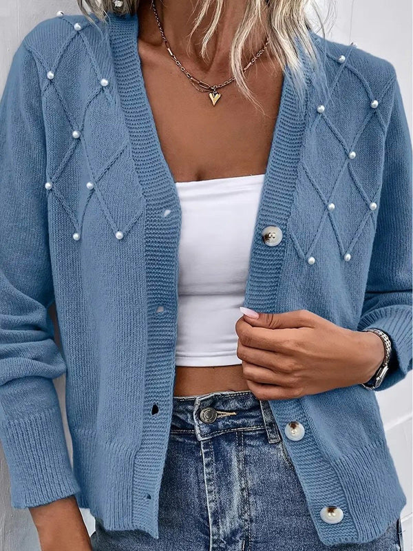 Pearl Trim Relaxed Fit Wool Knit Cardigan