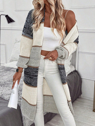 Striped Wool Blend Relaxed Knit Cardigan