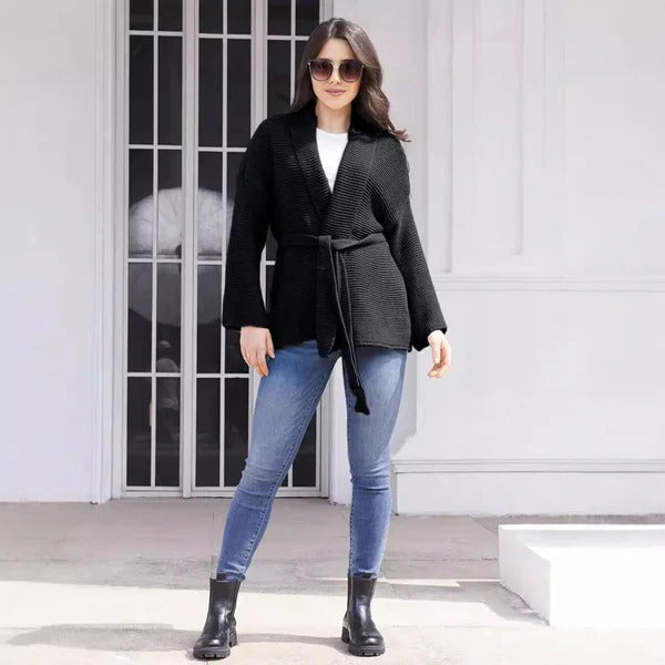 Belted Shawl Collar Ribbed Knit Cardigan