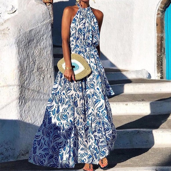Flowy Floral Halter Cotton Maxi Dress