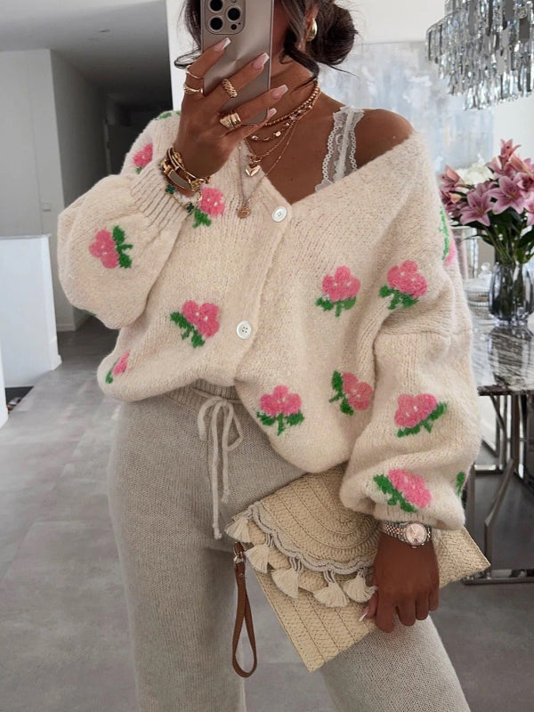 Wool Blend Floral Jacquard Oversized Cardigan
